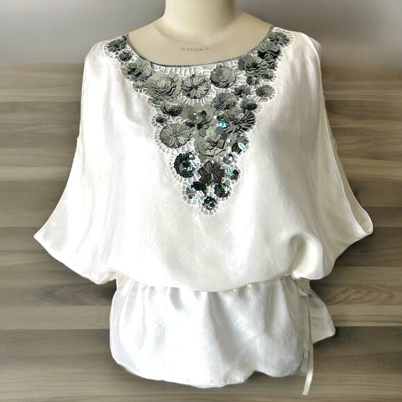 Trina Turk Dolman Sleeve Sequin Embellished Silk Cold Shoulder Top EUC - Picture 1 of 10